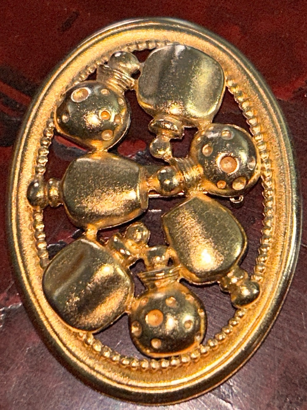 Vintage Christian Dior Gold Plated Oval Brooch with Perfume Bottles, Authentic - Picture 6 of 8